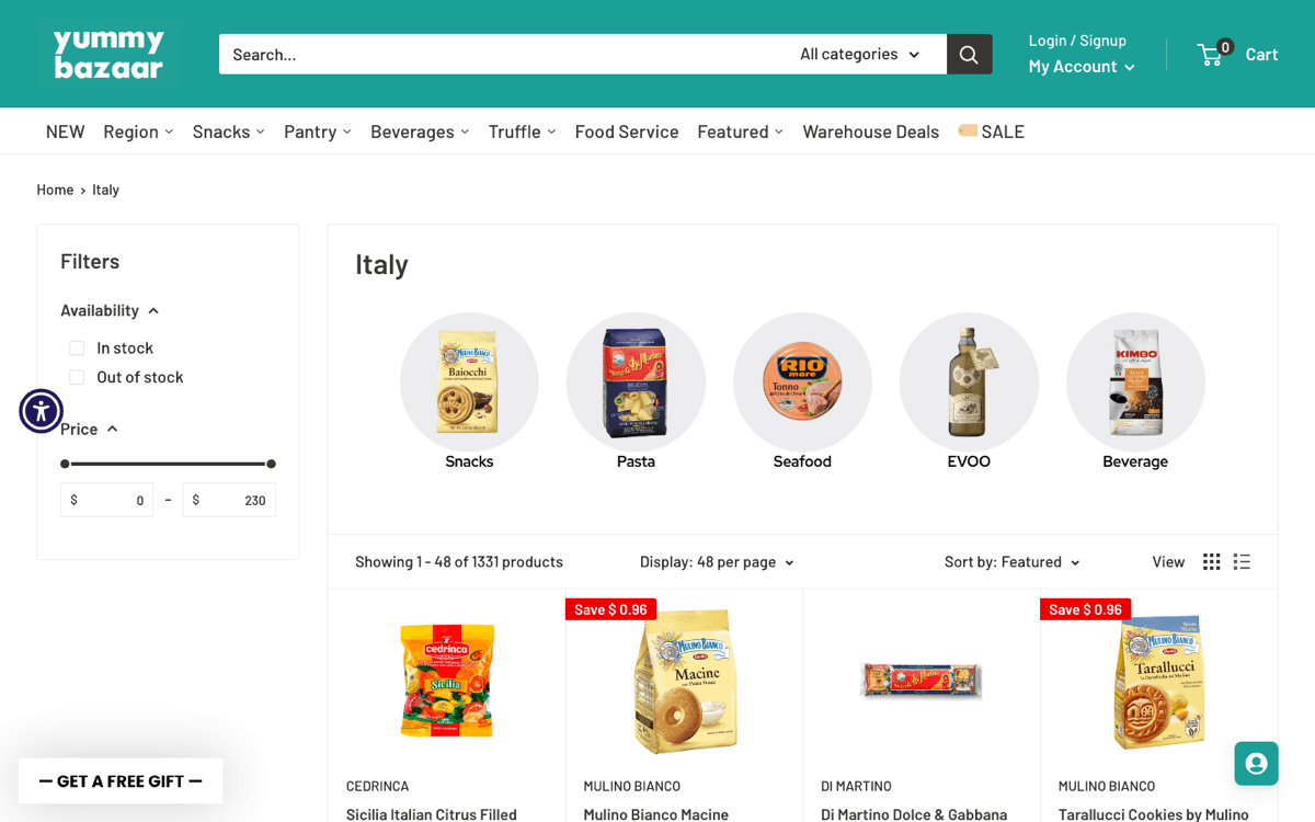 Yummy Bazaar Italian foods collection page